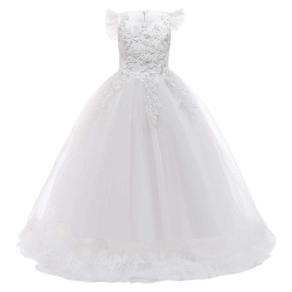 Flower Girls Lace Bridesmaid Dress Long A-line Wedding Pageant Long Dresses Little Princess Formal First Communion Birthday Party Floor Length Maxi Dress Kids Prom Puffy Tulle Ball Gowns White 7-8Y