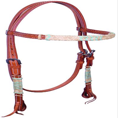 Buffalo Leather Light Oil Headstall with Turquoise Rawhide Accents