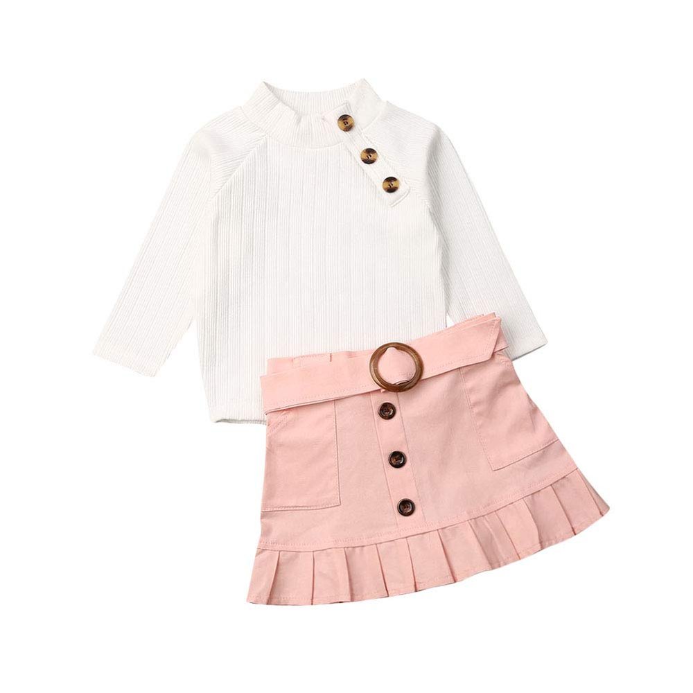 Toddler Baby Girl Long Sleeve Knitted Sweater T-Shirt Top Button Pleated Mini Skirt 2Pcs Fall Winter Clothes Set (White+Pink,3-4T)
