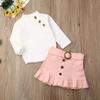 Toddler Baby Girl Long Sleeve Knitted Sweater T-Shirt Top Button Pleated Mini Skirt 2Pcs Fall Winter Clothes Set (White+Pink,3-4T) view 2