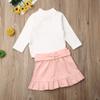 Toddler Baby Girl Long Sleeve Knitted Sweater T-Shirt Top Button Pleated Mini Skirt 2Pcs Fall Winter Clothes Set (White+Pink,3-4T) view 3