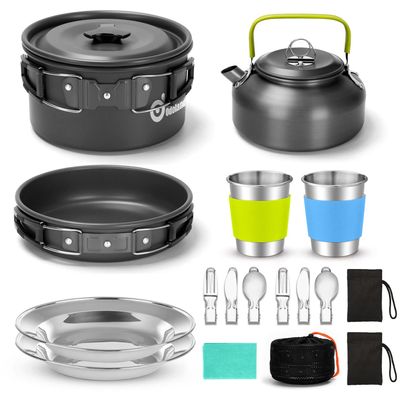Odoland 15pcs Camping Cookware Mess Kit, Lightweight Pot Pan Kettle Set