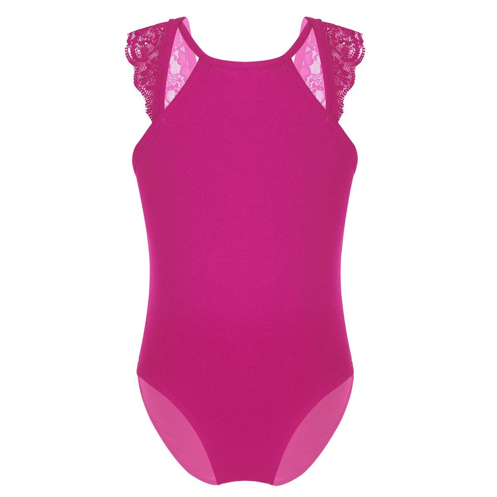 Freebily Kids Girls Lace Cutouts Back Ballet Dance Leotard Bodysuit Top for Gymnastic Sports Active wear Rose_Red 4 Years