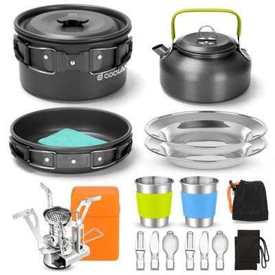 Odoland 16pcs Camping Cookware Mess Kit, with Folding Camping Stove