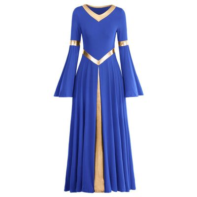 Women Metallic V Neck Praise Dance Dress Liturgical Worship Bi Color Bell Long Sleeve Church Robe Praisewear Royal Blue + Gold S