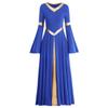 Women Metallic V Neck Praise Dance Dress Liturgical Worship Bi Color Bell Long Sleeve Church Robe Praisewear Royal Blue + Gold S view 1