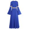 Women Metallic V Neck Praise Dance Dress Liturgical Worship Bi Color Bell Long Sleeve Church Robe Praisewear Royal Blue + Gold S view 2