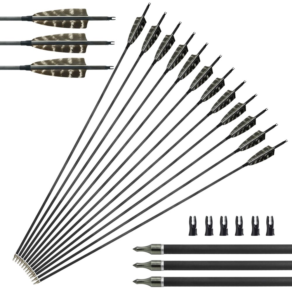 Obert 12pcs 30 Inches Premium Archery Carbon Arrows with Natural Turkey Fletching Feathers Hunting Target Practice for Bows Hunting Arrows