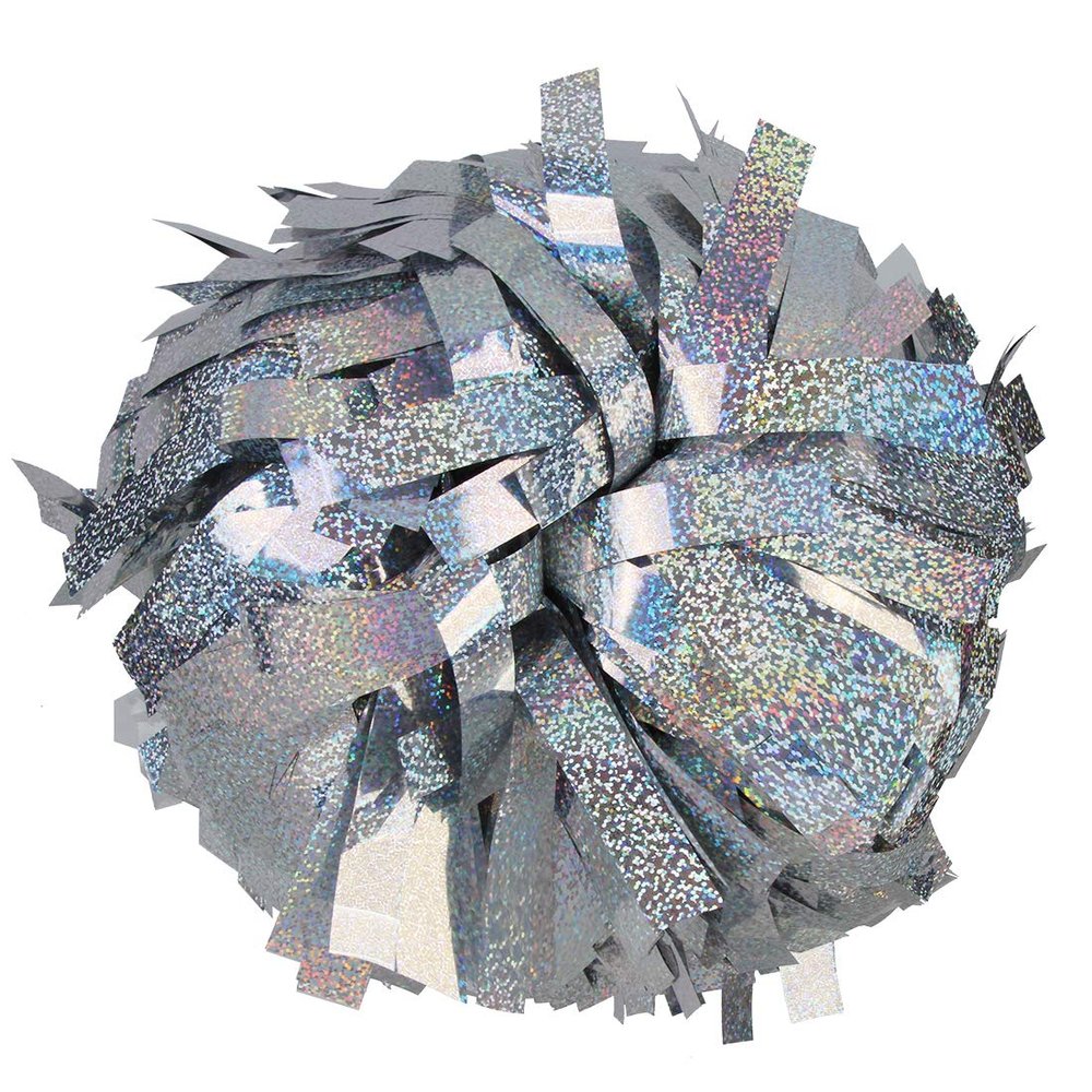 ICOCHEER Cheerleading Pom Poms Metalic Holographic Cheerleader with Baton Handle 6 inch 1 Pair 2 Pieces (Silver)
