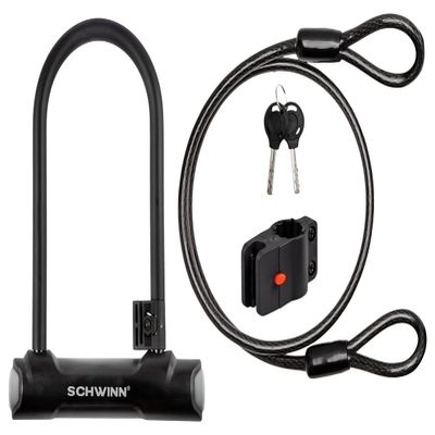 Schwinn Bike U-Lock with Cable, 4 ft x 10 mm Cable, Black, Vinyl Coated Steel Shackle, Mounting Bracket for Storage and Transport, Anti Theft Protection, Shackle Bike Lock for Security