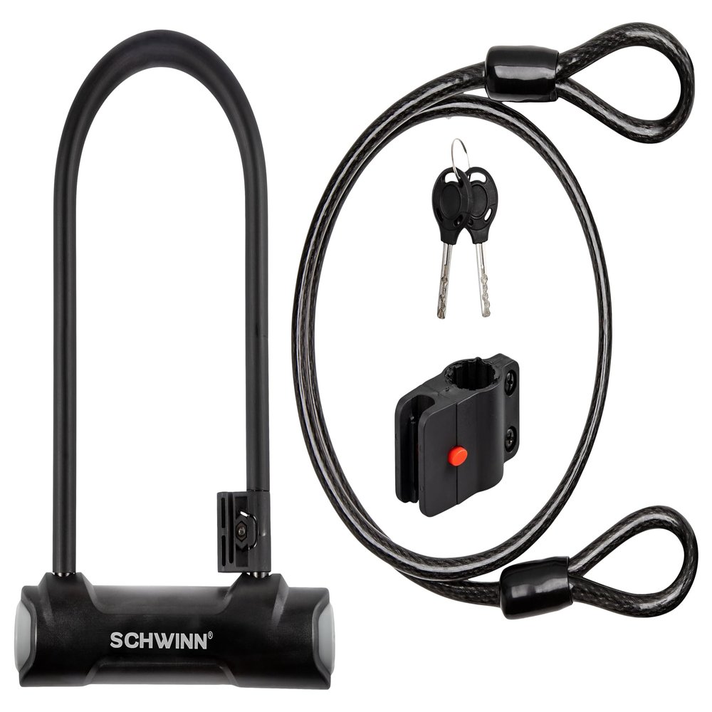 Schwinn Bike U-Lock with Cable, 4 ft x 10 mm Cable, Black, Vinyl Coated Steel Shackle, Mounting Bracket for Storage and Transport, Anti Theft Protection, Shackle Bike Lock for Security