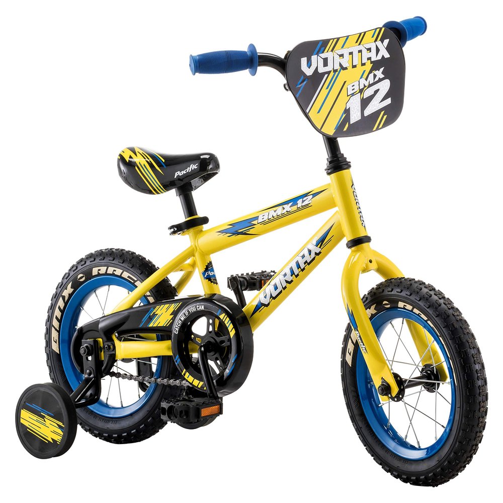 Pacific Vortax BMX Style Kids Bike, for Boys and Girls Ages 1 to 4, Single Speed, 12-Inch Wheels with Removable Training Wheels, Rear Coaster Brake, Yellow