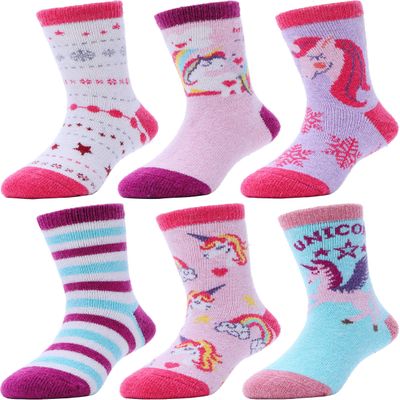 ANTSANG Kids Merino Wool Hiking Socks Toddlers Boys Girls Winter Warm Thick Thermal Crew Boot Heavy Cozy Snow Cabin Gift Snowboarding Socks 6 Pairs for Childs(Unicorn,1-3Y)