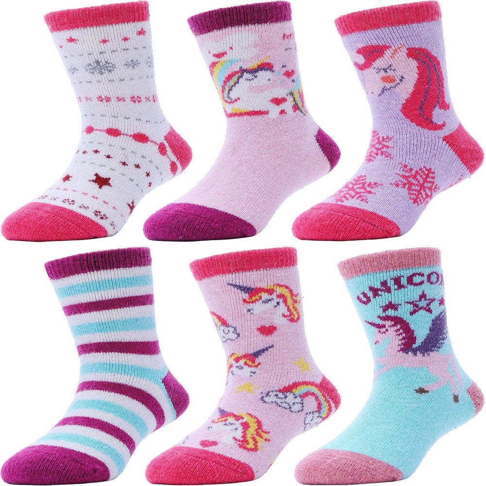 ANTSANG Kids Merino Wool Hiking Socks Toddlers Boys Girls Winter Warm Thick Thermal Crew Boot Heavy Cozy Snow Cabin Gift Snowboarding Socks 6 Pairs for Childs(Unicorn,1-3Y)