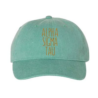 Alpha Sigma Tau AST Mod Pigment Dyed Baseball Cap Seafoam w/Old Gold Thread Color