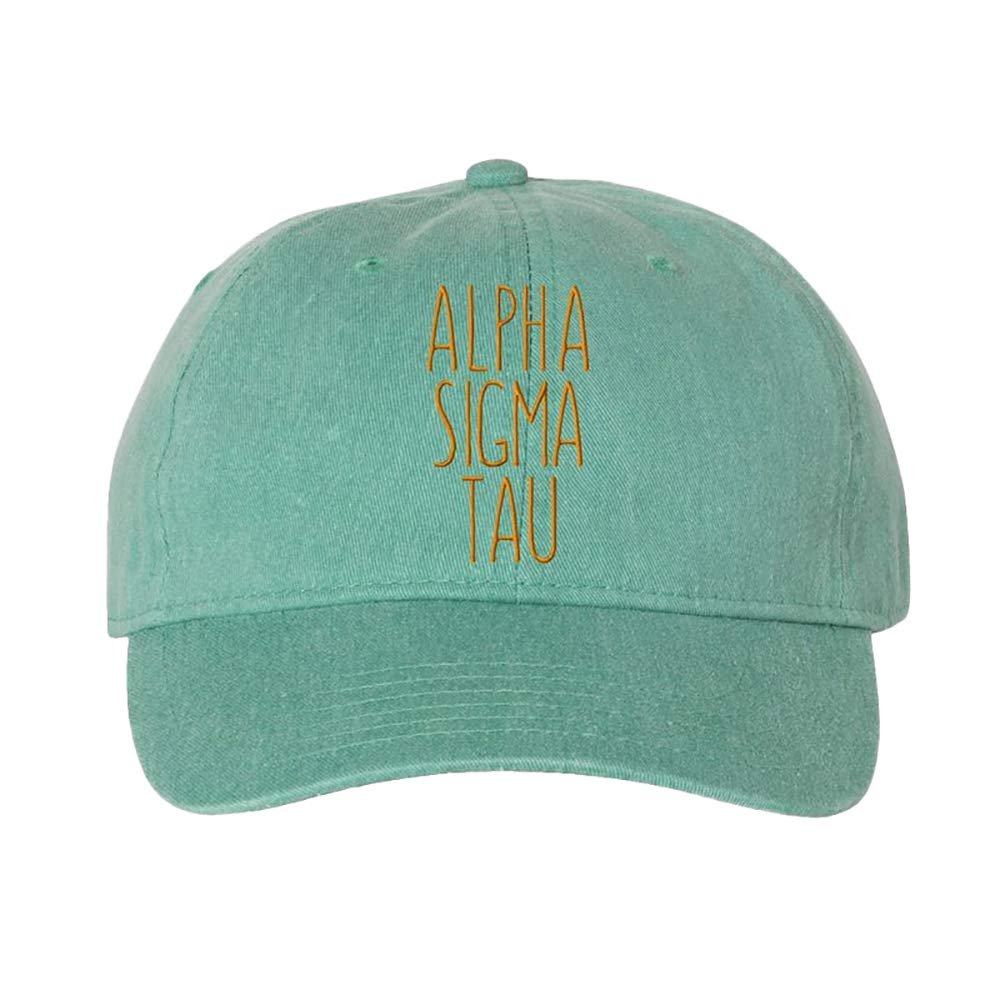 Alpha Sigma Tau AST Mod Pigment Dyed Baseball Cap Seafoam w/Old Gold Thread Color