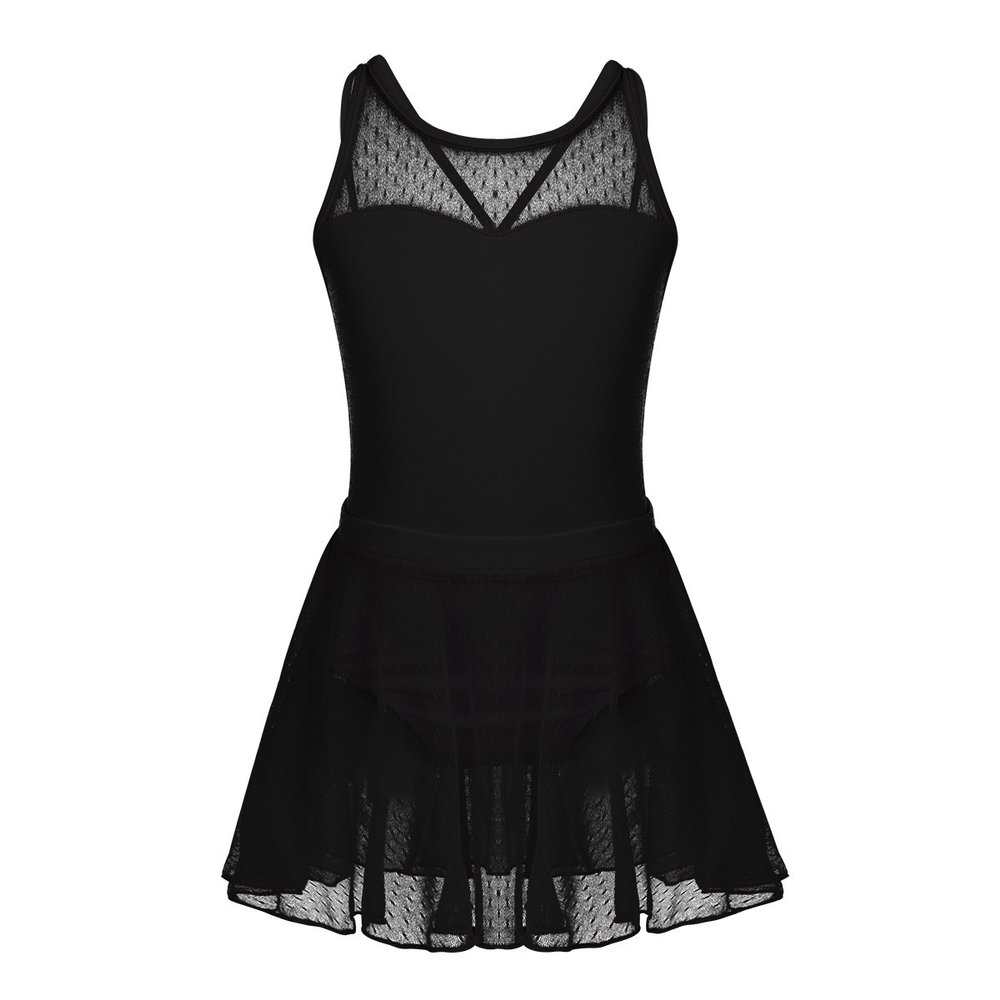 FEESHOW Girls Gymnastics Camisole Leotard with Chiffon Wrap Skirt Ballet Tutu Dress Dance wear Outfit 3-4 Sleeveless Black