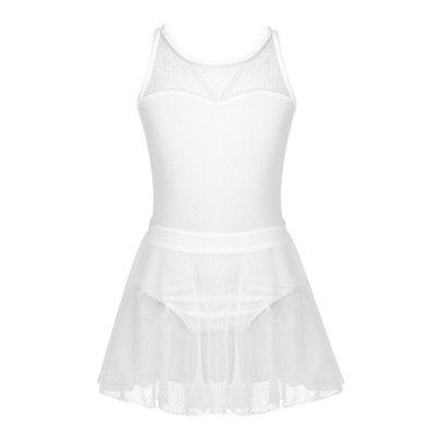 FEESHOW Girls Gymnastics Camisole Leotard with Chiffon Wrap Skirt Ballet Tutu Dress Dance wear Outfit 4-6 Sleeveless White