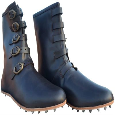 Medieval Long Leather Boots 5 Buckle Hobnail Leather Sole Shoe (Brown,11)