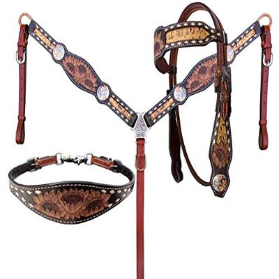Showman Sunflower Tooled Leather Browband Headstall and breastcollar Set