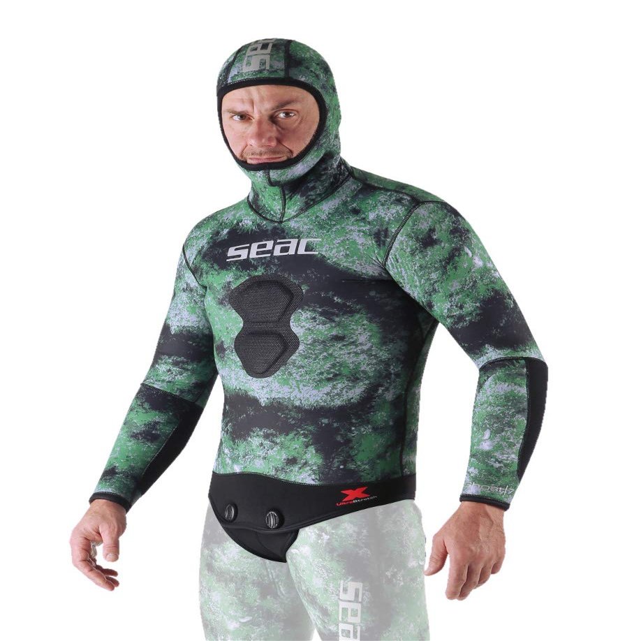 SEAC Ghost, Jacket in 7 mm Ultrastretch Neoprene with Incorporated Hood for Freediving and Spearfishing, camo Green, Large