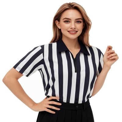 ChinFun Official Referee Costume Shirt Women's Ref Shirt Zipper Collared Black and White Stripe Umpire Jersey Shirt for Basketball Football Soccer Rugby Sports Halloween Size S