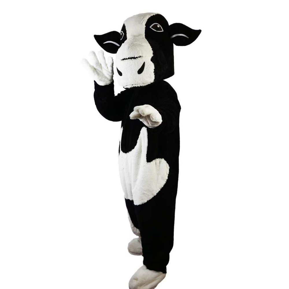 Black and White Cow Cartoon Costume Mascot Plush with Mask for Adult Cosplay Party Halloween Dress Up