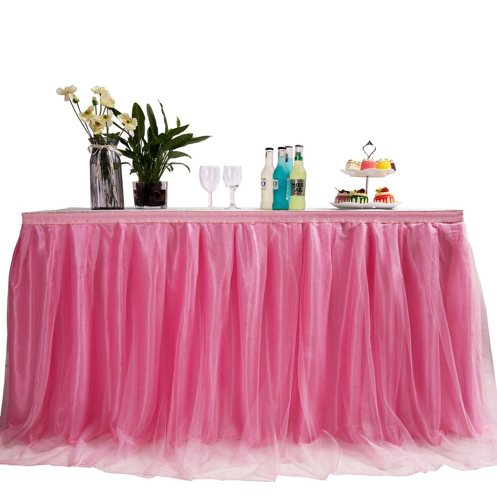 MYMM 3FT(36 * 31 in) Pink Tulle Tutu Table Skirt, Wedding Bridesmaid, Baby Party Skirt, Rectangle Or Round Decorative Table Decoration, Fashion Deluxe Romantic Birthday Party Shower(Wave)