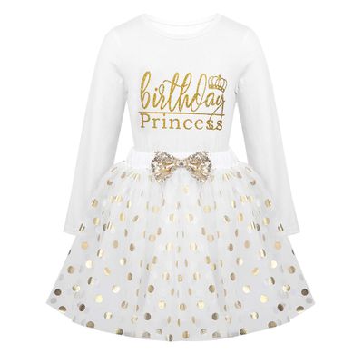 Alvivi Baby Toddlers Girls' Fancy Birthday Outfits Racer-Back Shirt Top with Shiny Polka Dots Tutu Skirt 2pcs Set White Long Sleeve 5