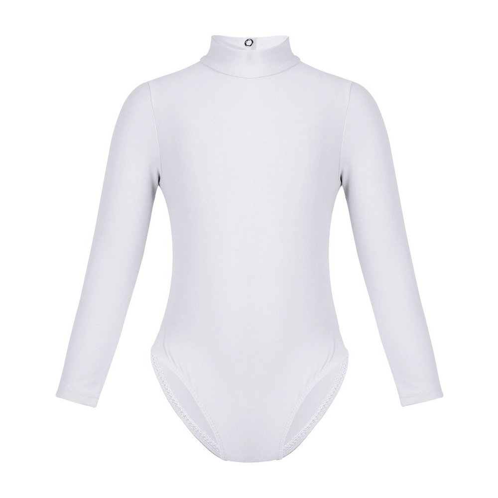 Freebily Girls Long Sleeves Glittery Metallic Gymnastics Leotard Tumbling Activewear Fancy Shiny Scale Dance Costumes Mock Neck White 10-12