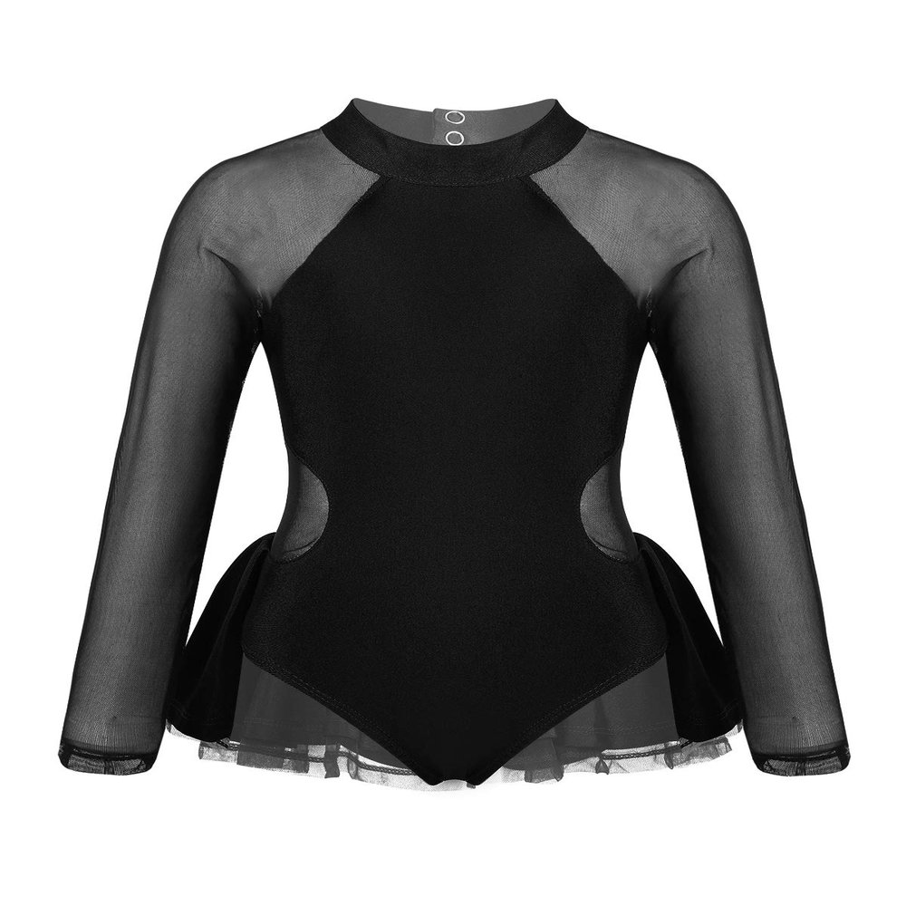 FEESHOW Little Big Girls Sparkle Mesh Splice Figure Ice Skating Dress Gymnastic Sports Dance Leotard Tutu Skirt Cutout Back Black 4
