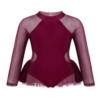 FEESHOW Little Big Girls Sparkle Mesh Splice Figure Ice Skating Dress Gymnastic Sports Dance Leotard Tutu Skirt Cutout Back Burgundy 4