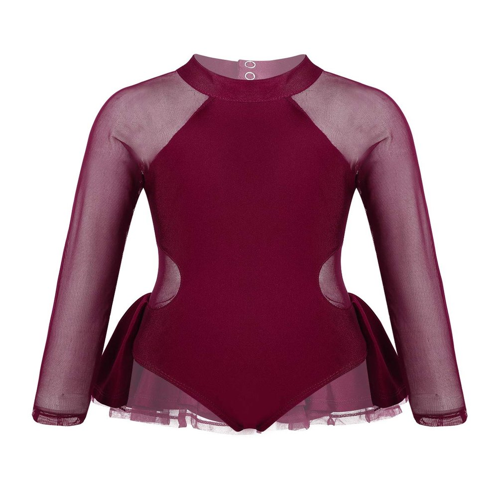 FEESHOW Little Big Girls Sparkle Mesh Splice Figure Ice Skating Dress Gymnastic Sports Dance Leotard Tutu Skirt Cutout Back Burgundy 4