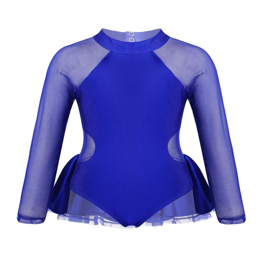 FEESHOW Little Big Girls Sparkle Mesh Splice Figure Ice Skating Dress Gymnastic Sports Dance Leotard Tutu Skirt Cutout Back Blue 4
