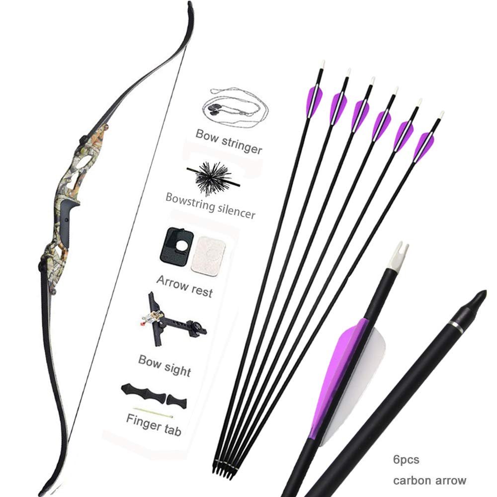56 Inch Takedown Recurve Bow and Arrow Set Archery Longbow Hunting Bow Kit Right Handed 30-50lbs for Shooting Practice Competition with Carbon Arrows (50lbs, Camo Set)