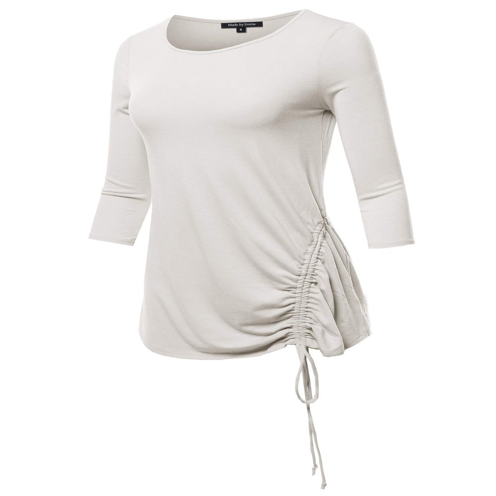 Premium 3/4 Sleeve Round Neck Side Ruched TOP Ivory 3X