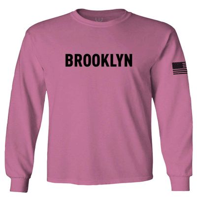 0243. Brooklyn Black Fonts Graphic New York NYC American Flag Men's Long Sleeve t Shirt (Pink X-Large)