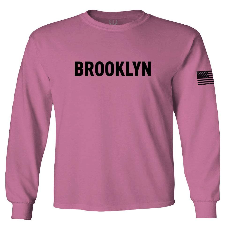 0243. Brooklyn Black Fonts Graphic New York NYC American Flag Men's Long Sleeve t Shirt (Pink X-Large)