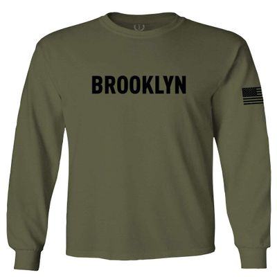 0243. Brooklyn Black Fonts Graphic New York NYC American Flag Men's Long Sleeve t Shirt (Olive, Large)