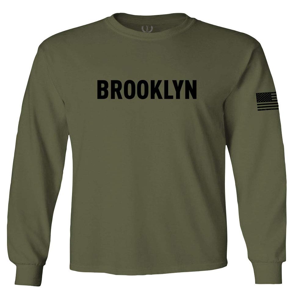 0243. Brooklyn Black Fonts Graphic New York NYC American Flag Men's Long Sleeve t Shirt (Olive, Large)