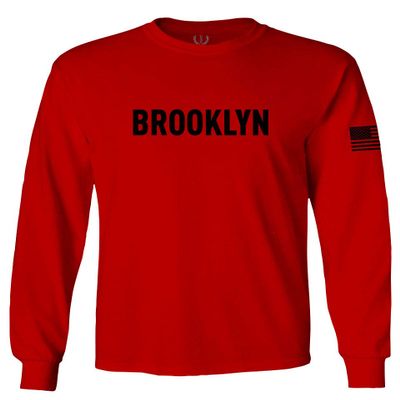 0243. Brooklyn Black Fonts Graphic New York NYC American Flag Men's Long Sleeve t Shirt (Red, Medium)
