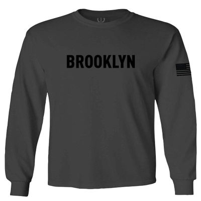 0243. Brooklyn Black Fonts Graphic New York NYC American Flag Men's Long Sleeve t Shirt (Characol, Small)