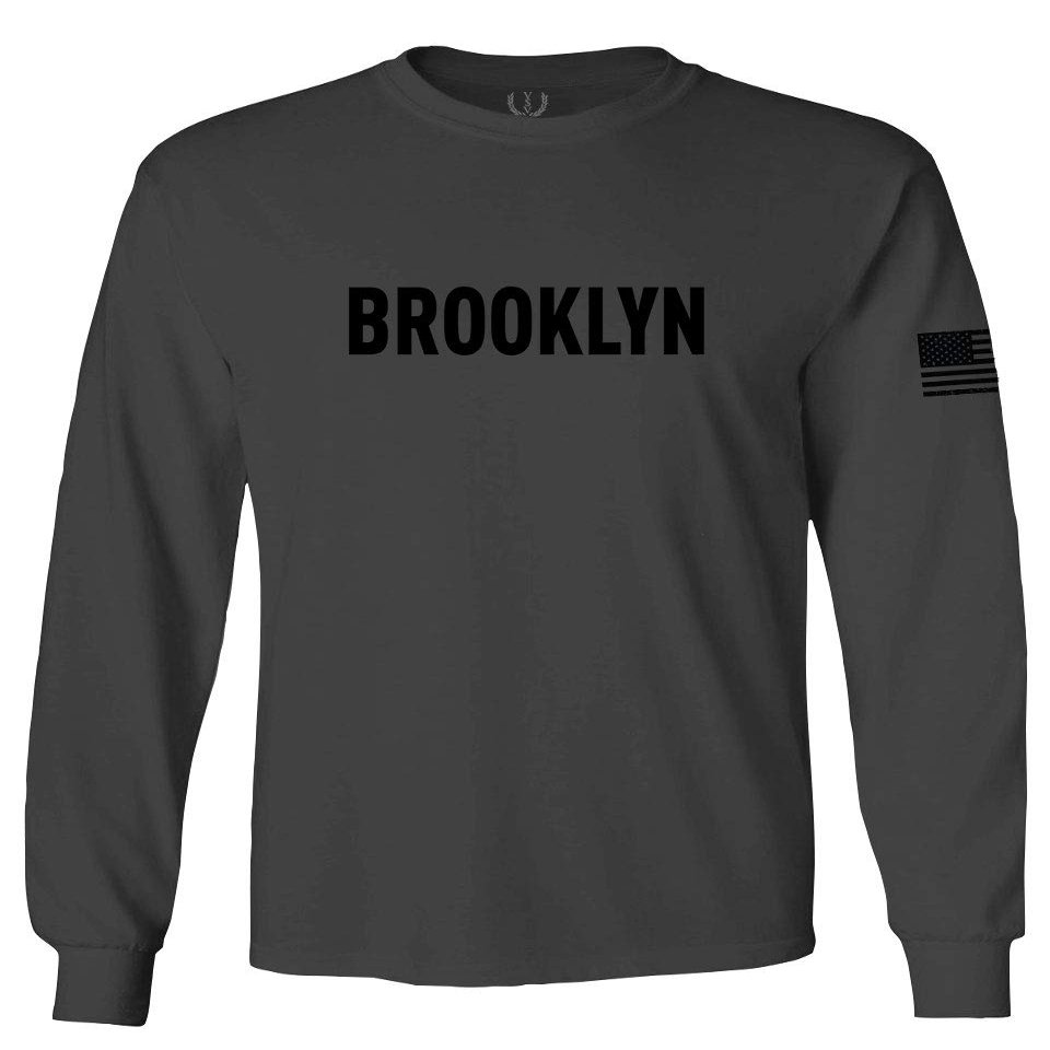 0243. Brooklyn Black Fonts Graphic New York NYC American Flag Men's Long Sleeve t Shirt (Characol, Small)