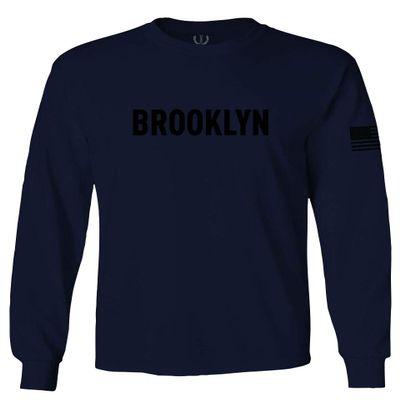 0243. Brooklyn Black Fonts Graphic New York NYC American Flag Men's Long Sleeve t Shirt (Characol, 2X Large)