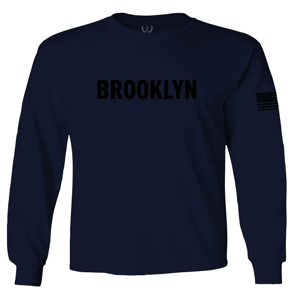 0243. Brooklyn Black Fonts Graphic New York NYC American Flag Men's Long Sleeve t Shirt (Characol, 2X Large)
