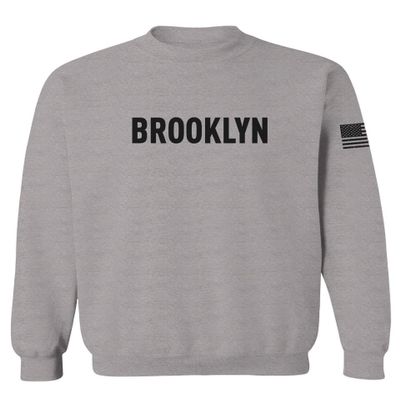 0243. Brooklyn Black Fonts Graphic New York NYC American Flag Men's Crewneck Sweatshirt (Light Gray Medium)