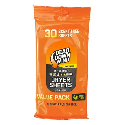 DEAD DOWN WIND Scent Killing Dryer Sheets (30Ct)  Odor Removing Sheet  Durable Hunting Scent Eliminators  Advanced Hunting Laundry Gear