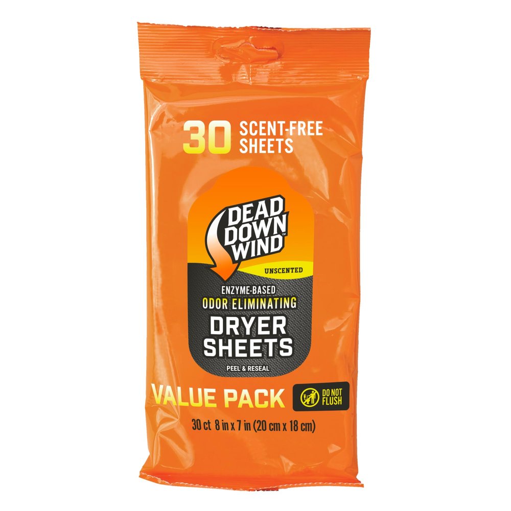 DEAD DOWN WIND Scent Killing Dryer Sheets (30Ct)  Odor Removing Sheet  Durable Hunting Scent Eliminators  Advanced Hunting Laundry Gear