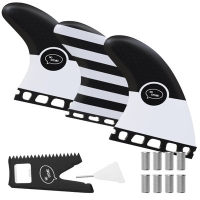 Ho Stevie! Thruster Surfboard Fins (3 Fins) - Twin Tab or Single Tab Sizes, with Fin Bag, Screws, Wax Comb and Fin Key (Black with White Stripes, Single Tab)