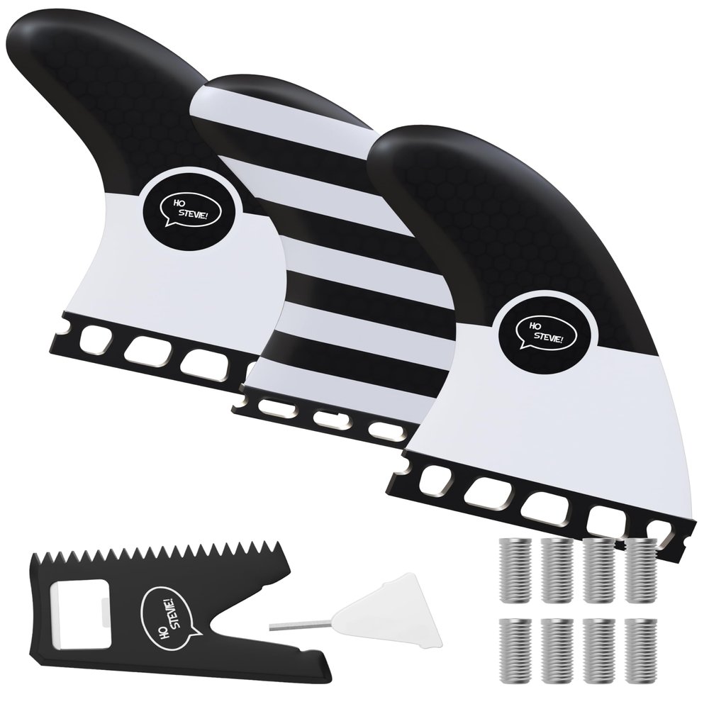 Ho Stevie! Thruster Surfboard Fins (3 Fins) - Twin Tab or Single Tab Sizes, with Fin Bag, Screws, Wax Comb and Fin Key (Black with White Stripes, Single Tab)